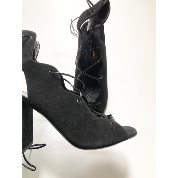 💛Saint Laurent Blk Suede Block Heel Lace Sandals - Picture 6 of 12